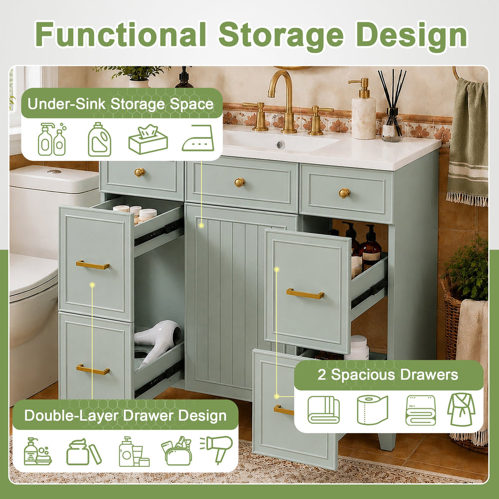 36" Green Bathroom Vanity with Ceramic Sink - Solid Wood Frame