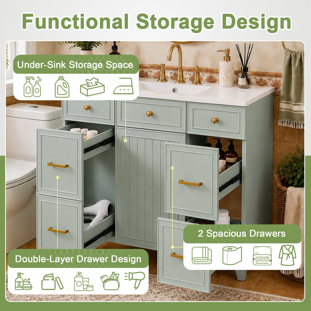 36" Green Bathroom Vanity with Ceramic Sink - Solid Wood Frame