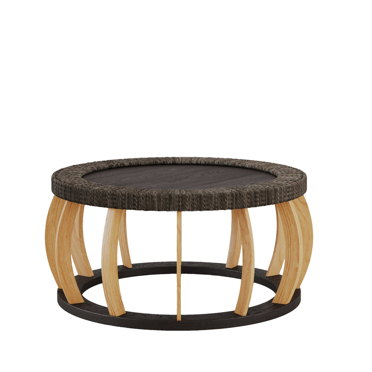 Vintage Rattan Solid Wood Round Coffee Table with Curved Legs - Natural