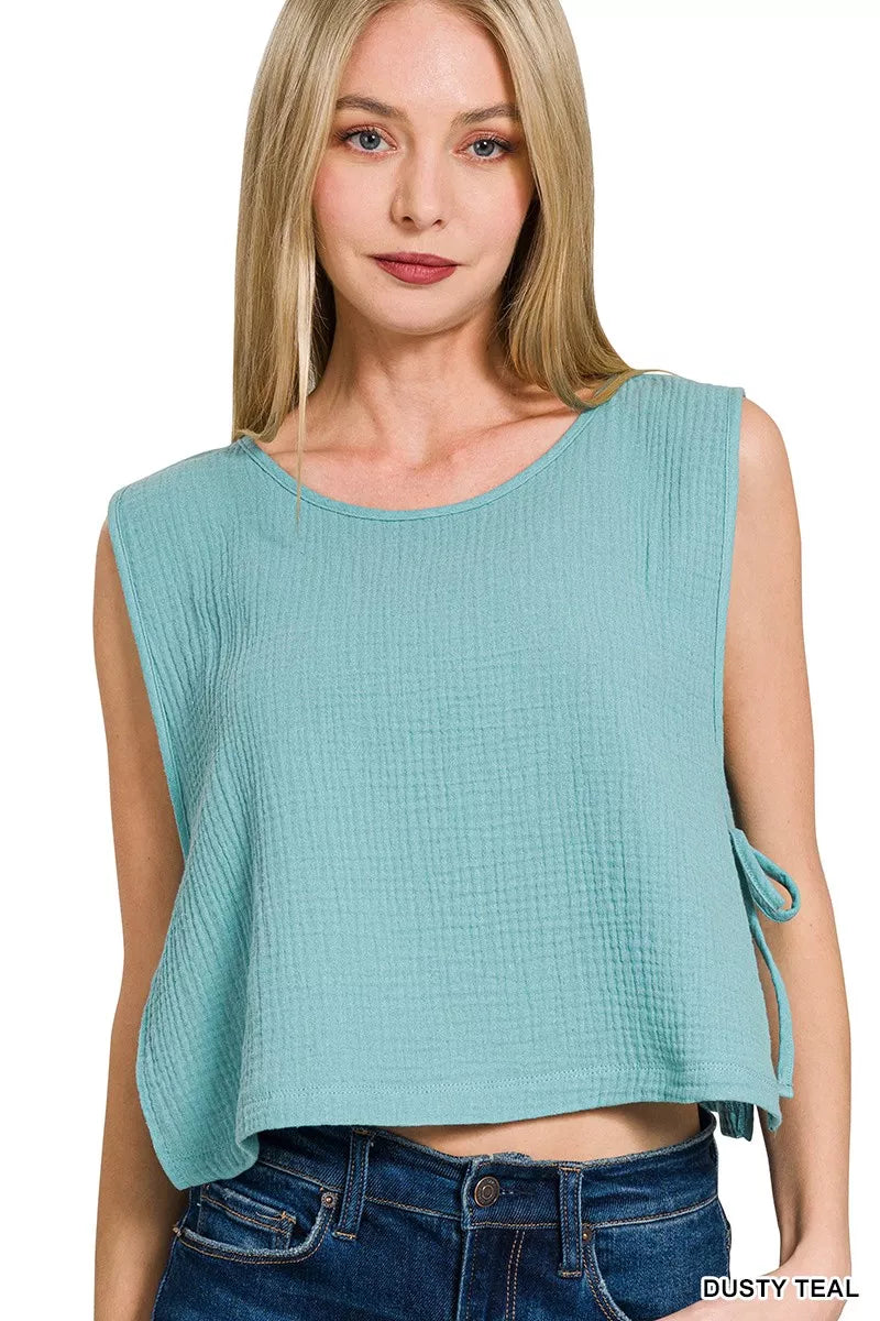 Zenana Double Gauze Side Tie Sleeveless Top