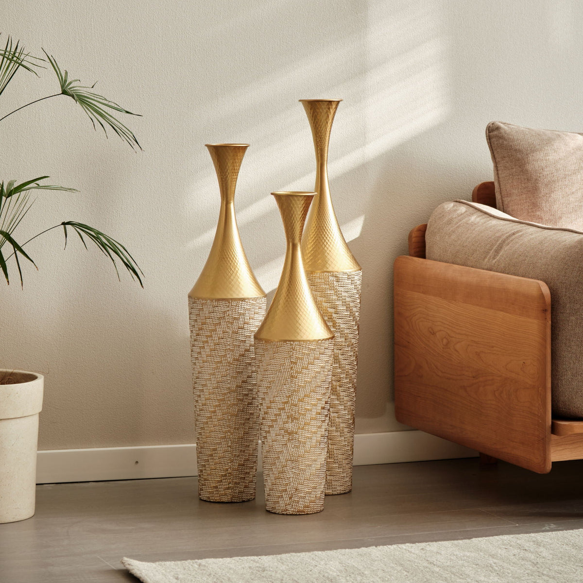 Champagne Floor Metal Vase 3-Piece Set with Woven Pattern - Modern Style