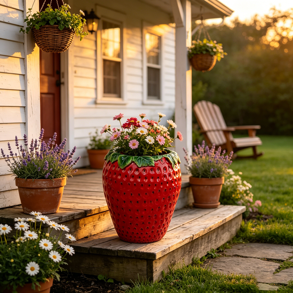 Strawberry Shaped Planter Pot with Weather-Resistant Resin - Red