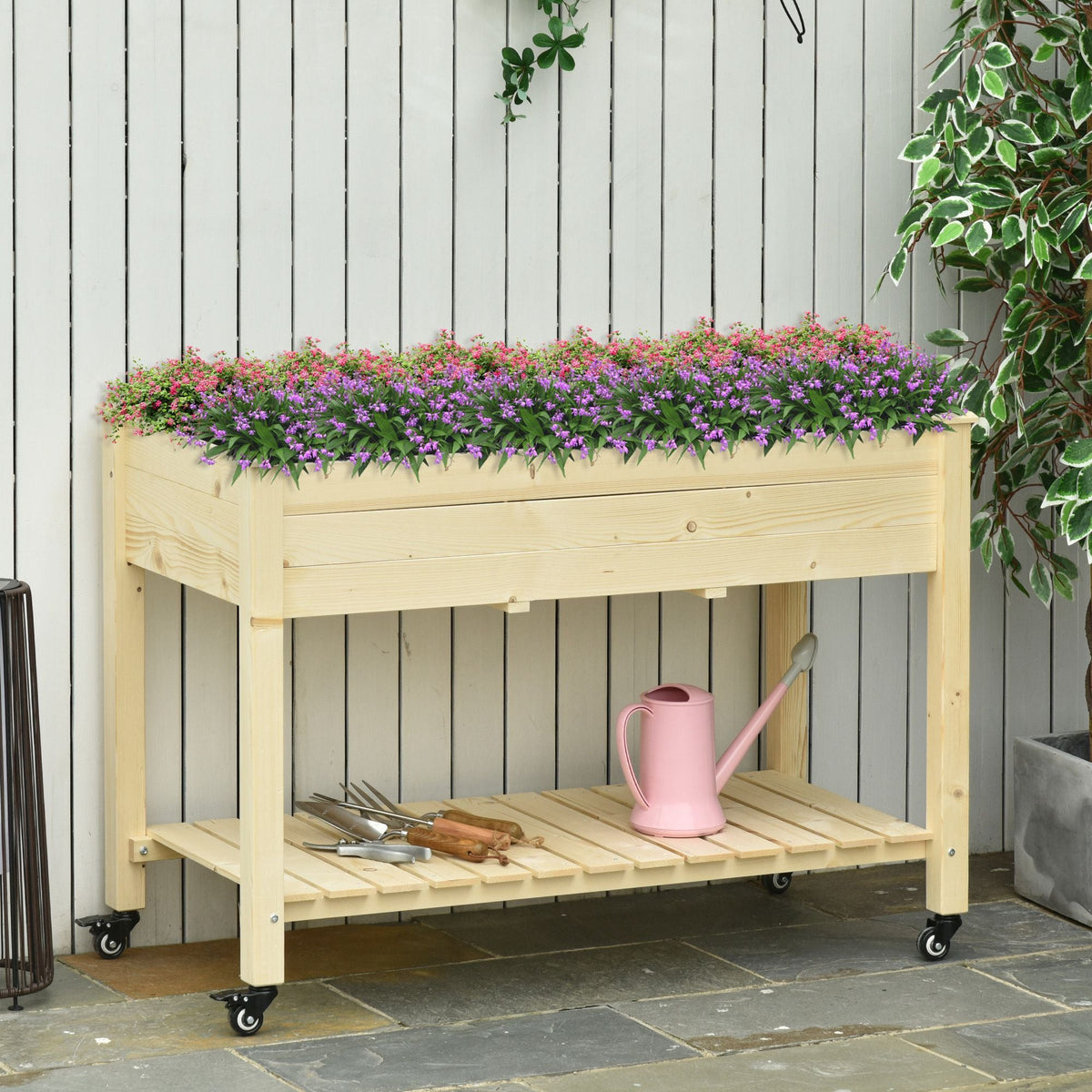 Raised Wooden Planter Box with Lockable Wheels - Natural