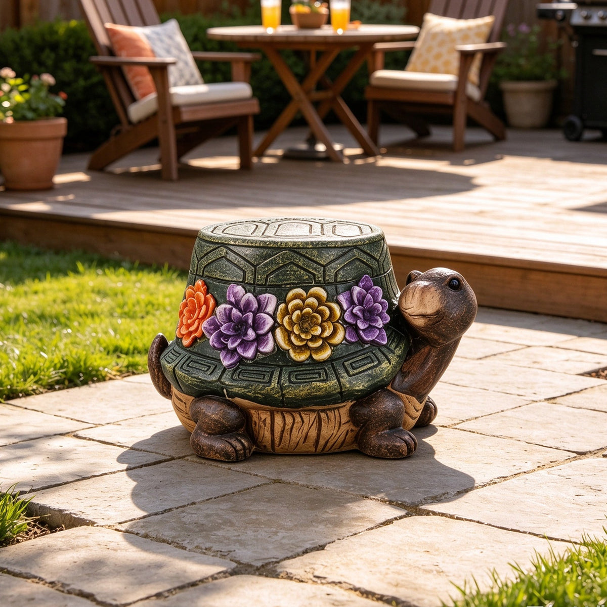 Turtle Garden Statue Outdoor Stool with Floral Detail - Multi-Color