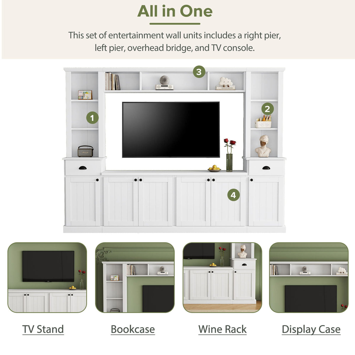 Minimalist Entertainment Wall Unit Set with Adjustable Bridge for TVs Up to 75" - White or Black