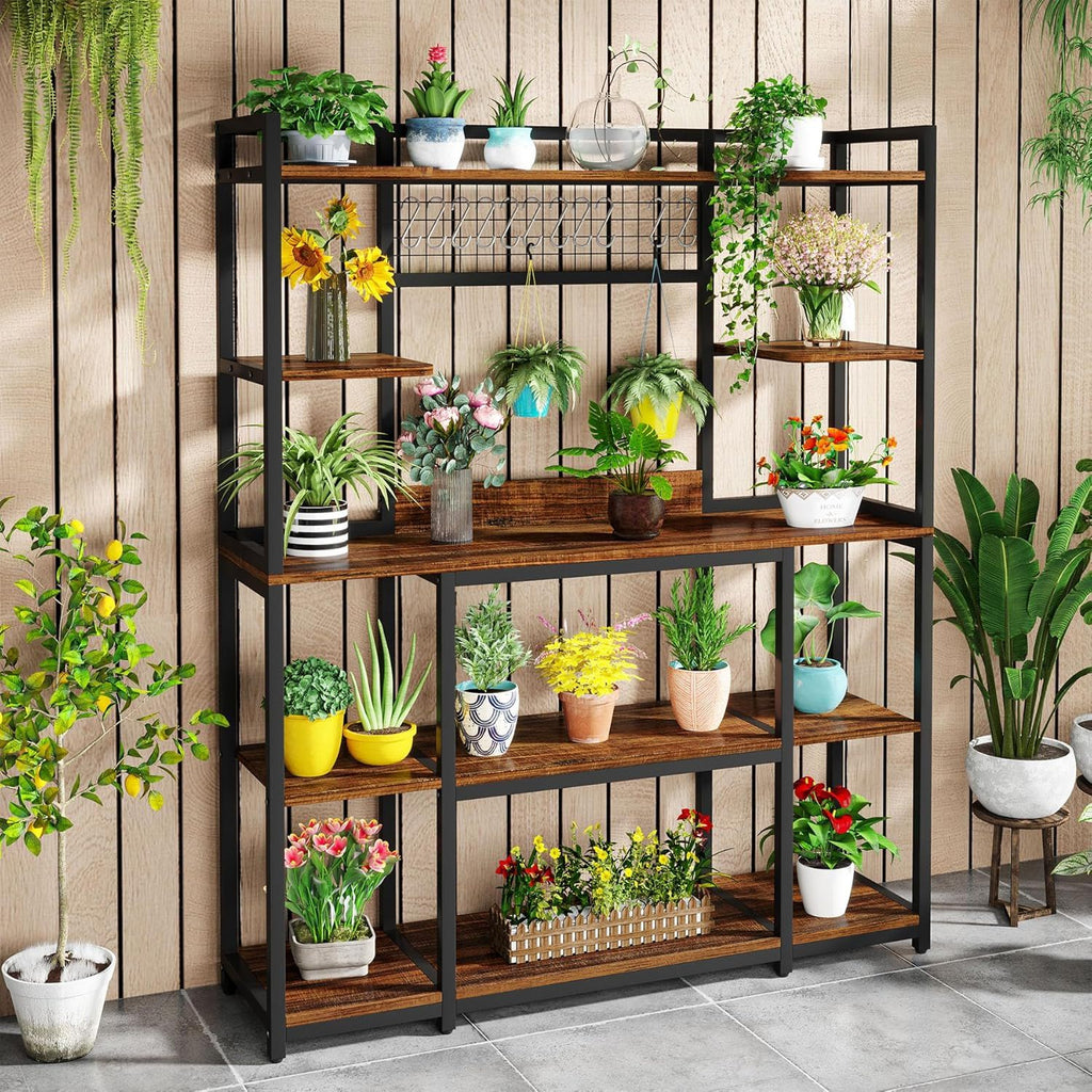 Black Baker's Rack with 5-Tier Storage and Hooks - Freestanding Kitchen Organizer