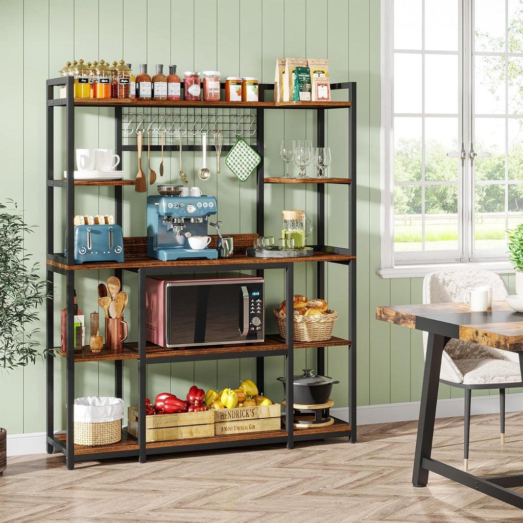 Black Baker's Rack with 5-Tier Storage and Hooks - Freestanding Kitchen Organizer