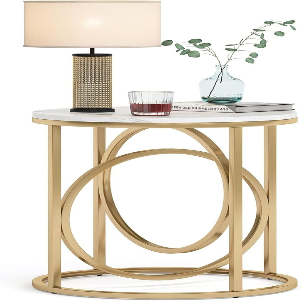 Round End Table with Faux Marble Top - White and Gold