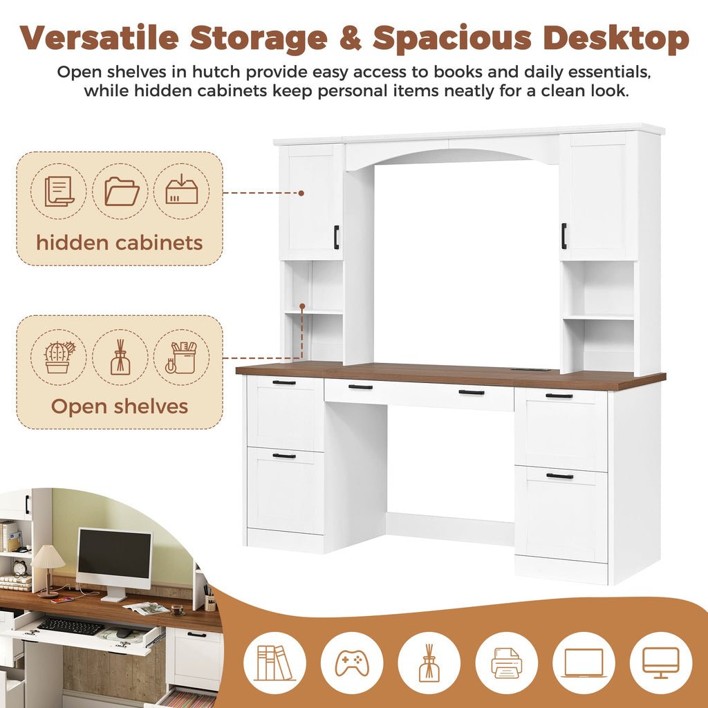 Farmhouse Arched Computer Desk with Hutch - White