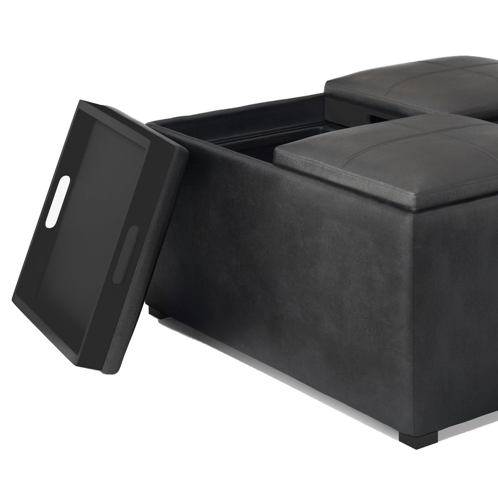 Upholstered Square Coffee Table Storage Ottoman with Flip Serving Trays - Black or Dark Brown