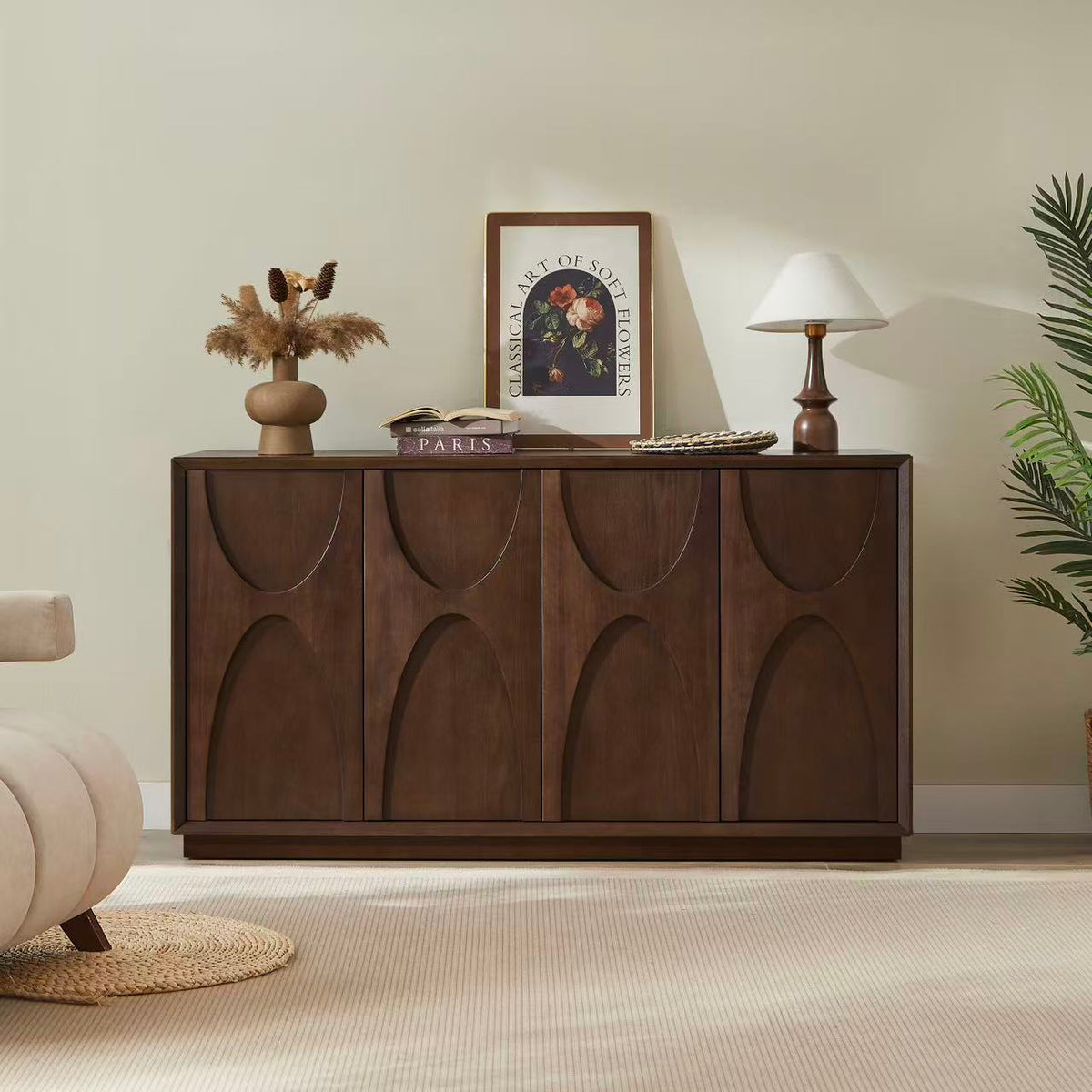 4 Door Accent Cabinet with Solid Wood Carved Doors - Natural Walnut
