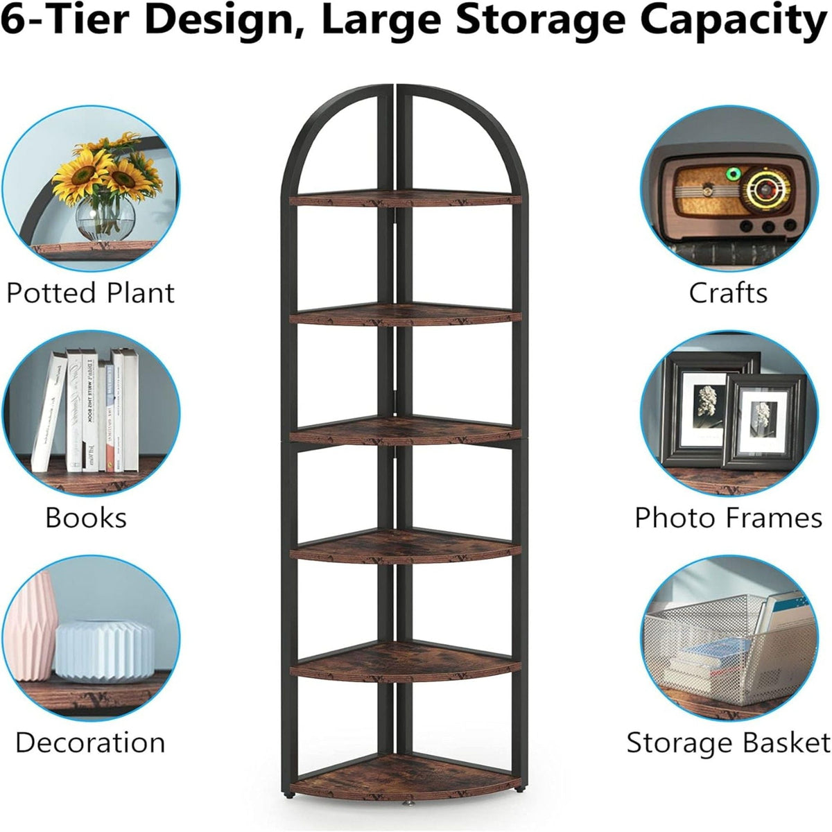Tall 6 Tier Corner Shelf with Sturdy Metal Frame - Rustic Brown