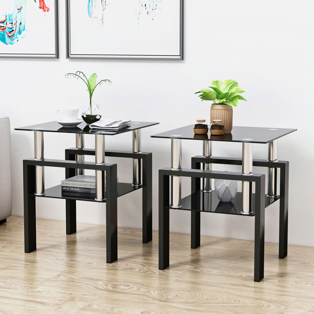 Modern Tempered Glass Tea Table Set with Metal Frame – Black