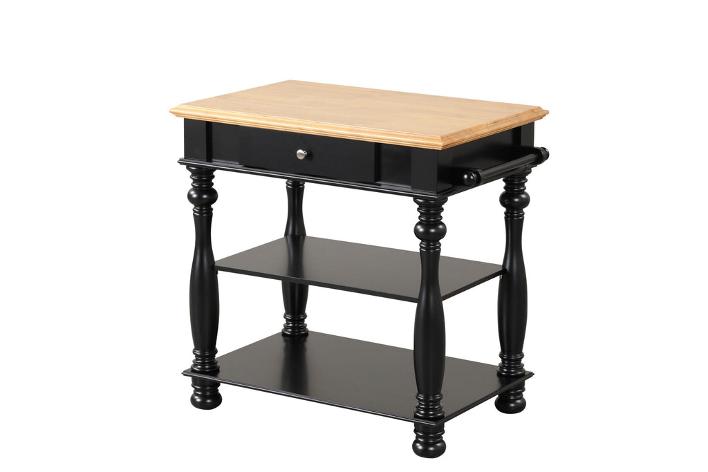Black Kitchen Island with Cutting Board and Storage Shelves