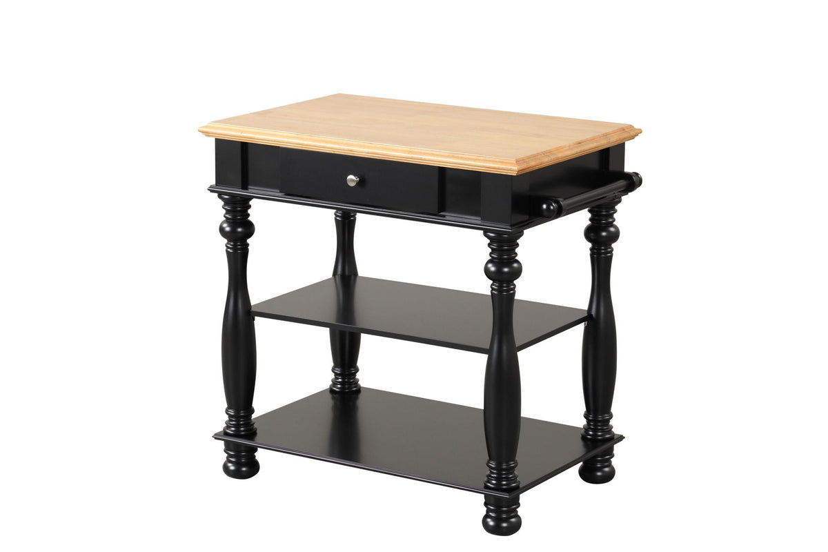 Black Kitchen Island with Cutting Board and Storage Shelves