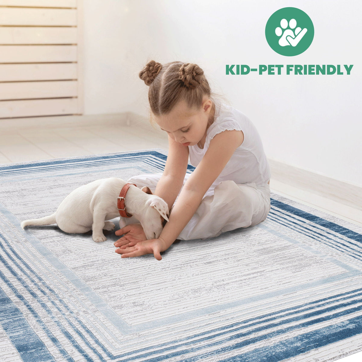 Bordered Area Rug with Stain Resistance - Blue or Light Brown