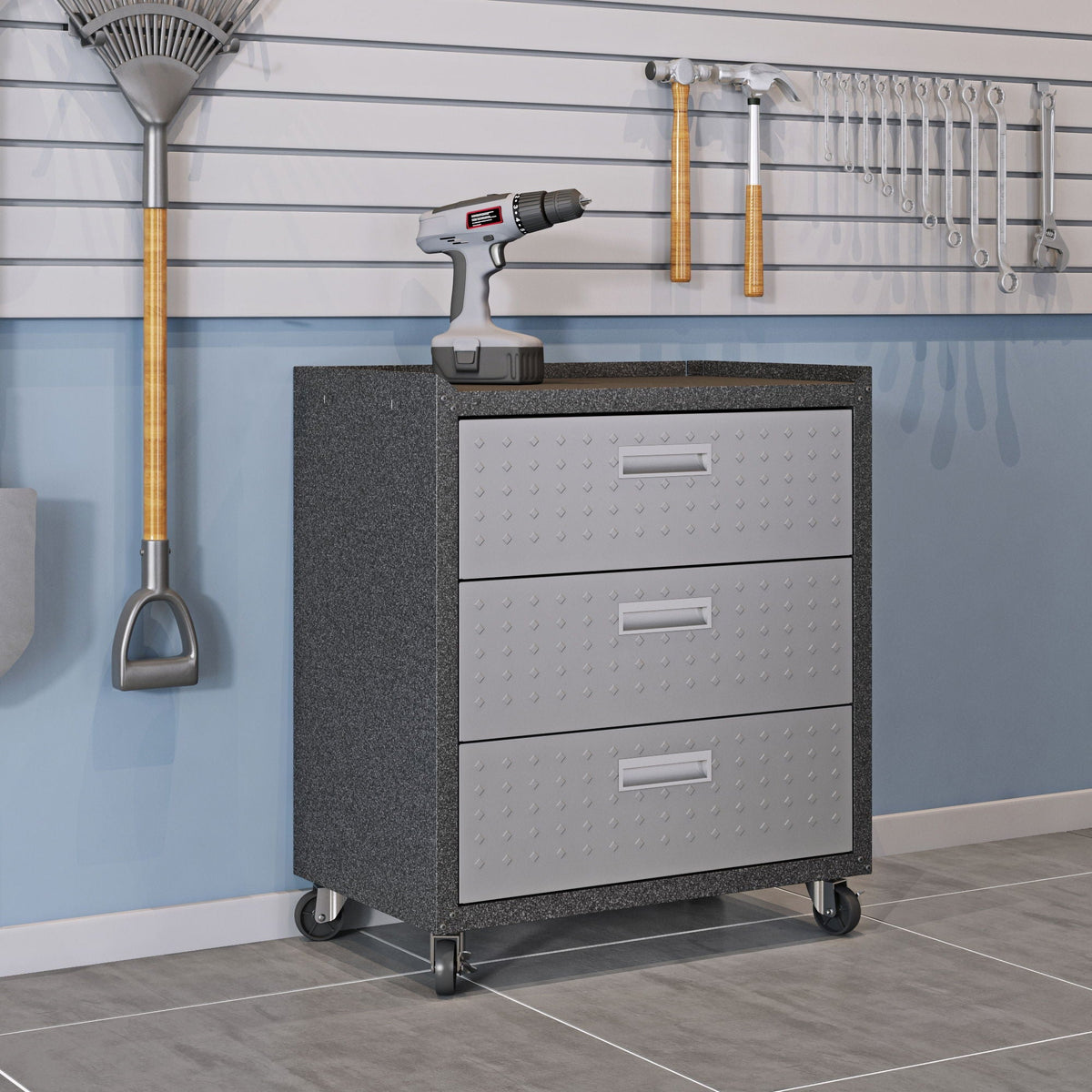3 Drawer Rolling Garage Cabinet with Mobile Design - White, Dark Gray, Gray