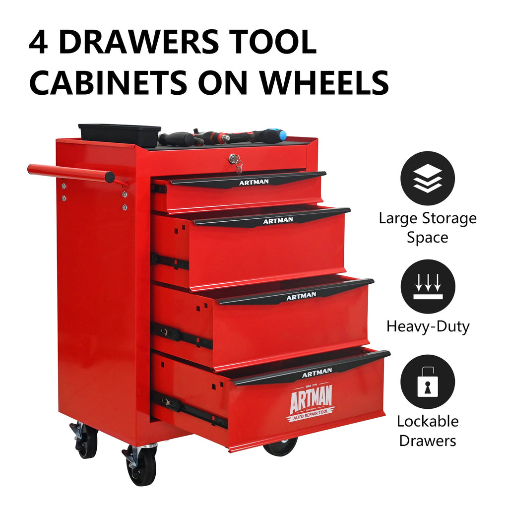 Rolling Metal Tool Chest with 4 Drawers - Red & Black