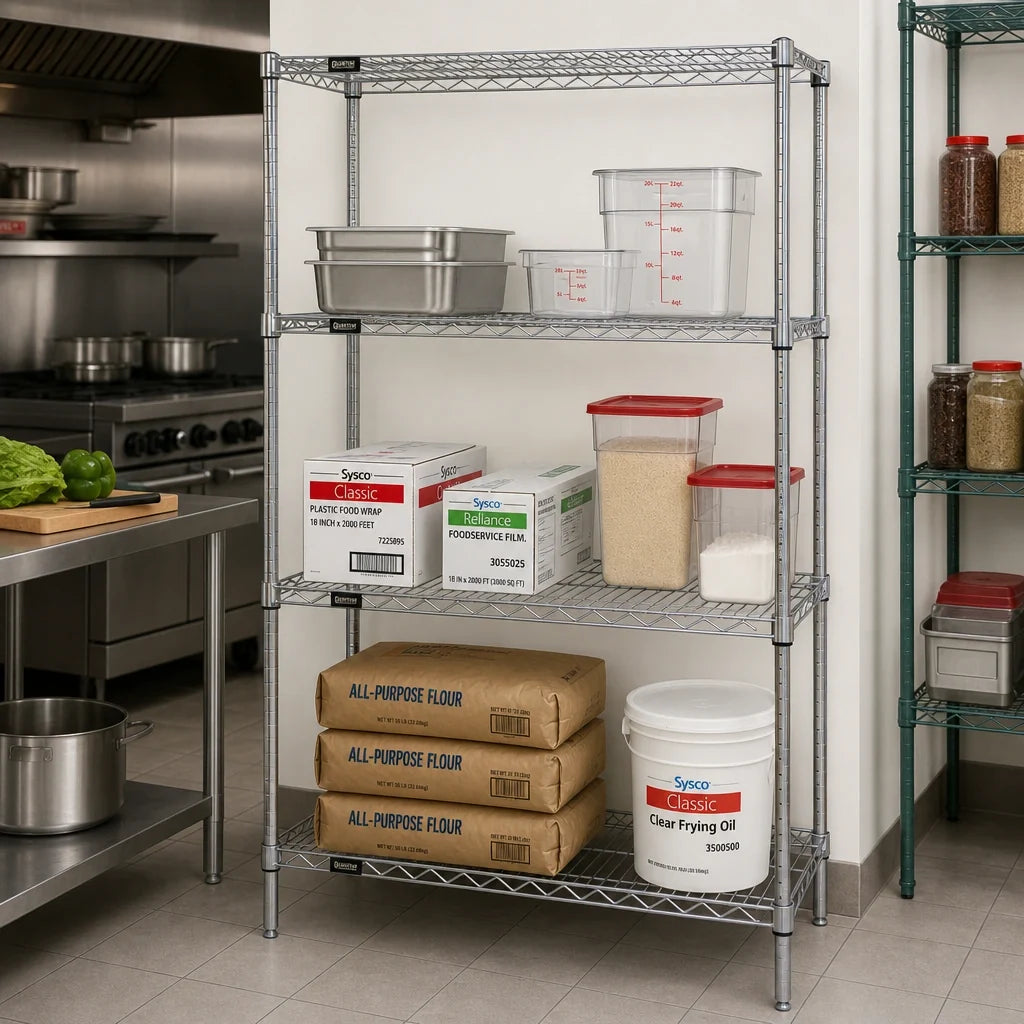 Quantum WR63-3672C Stationary Chrome Wire Shelving Starter Unit, 72"W x 36"D x 63"H, 4 Shelves, 4 Posts
