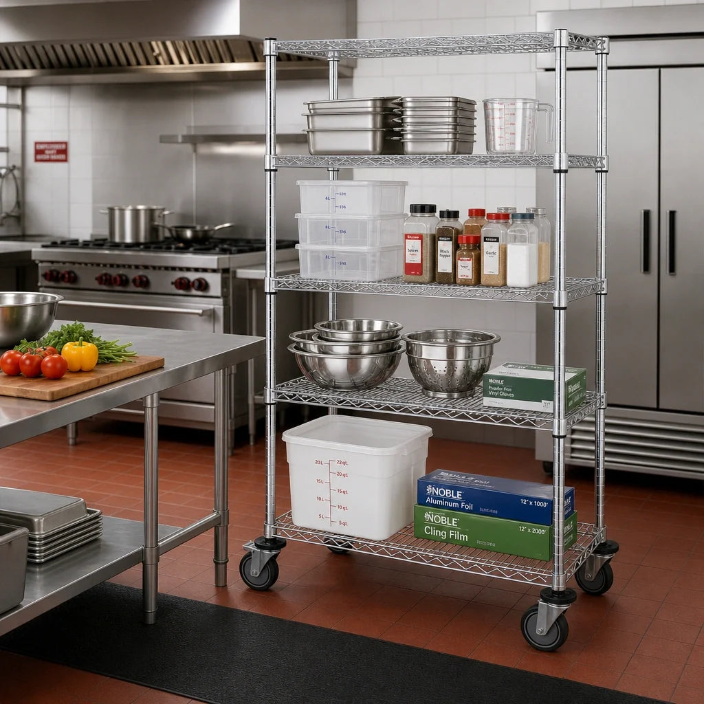 Quantum M1848C46-5 5-Shelf Mobile Wire Shelving Cart, 48 x 18 x 69 Inches, Chrome-Plated