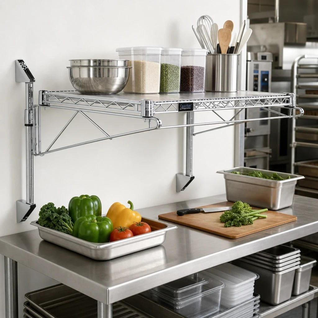 Quantum WC14-CB2124C Wall-Mount Cantilever Single-Shelf Wire Shelving Unit, 24 x 21 Inch, Chrome Plated