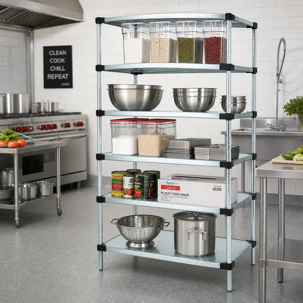Quantum WR74-2436SG-5 Stationary Solid Shelving Starter Kit, 5 Shelves, 36"W x 24"D x 74"H, Galvanized Steel with Chrome Posts