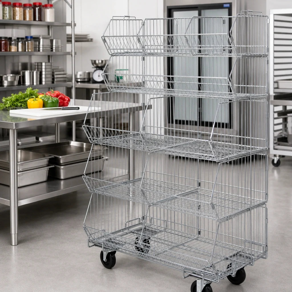 Quantum WR5-36MSBA-MOB Mobile Chrome-Plated Stacking Basket System, 5 Baskets with Dividers, 36W x 20D x 60H