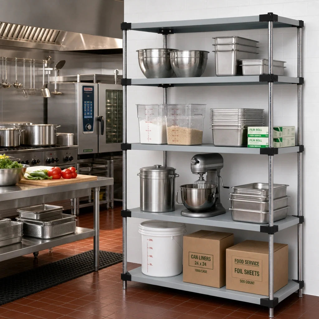 Quantum WRS4-86-2172SS 304 Stainless Steel Solid Shelving Starter Kit, 72"W x 21"D x 86"H, 4 Shelves