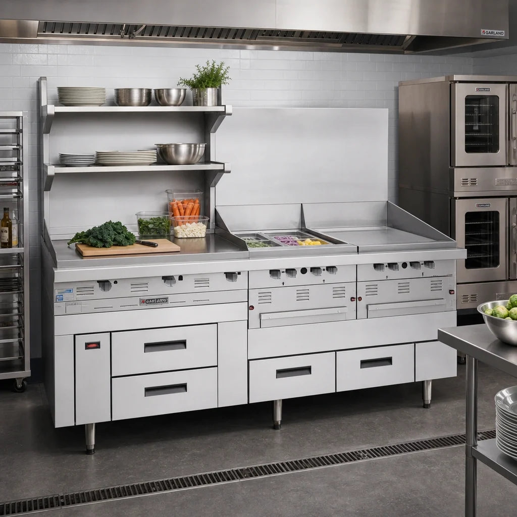 Garland Arctic Fire GN17C119 119-Inch Three-Section Self-Contained Refrigerator Base with 6 Drawers, Stainless Steel, Side-Mounted Refrigeration