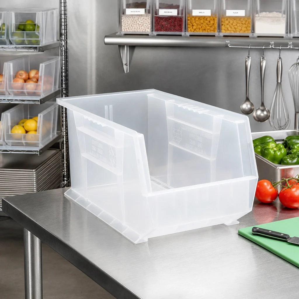 Quantum QUS240CL Clear Polypropylene Stack-and-Hang Shelf Bin, 8-1/4 x 14-3/4 x 7 Inches Case of 12
