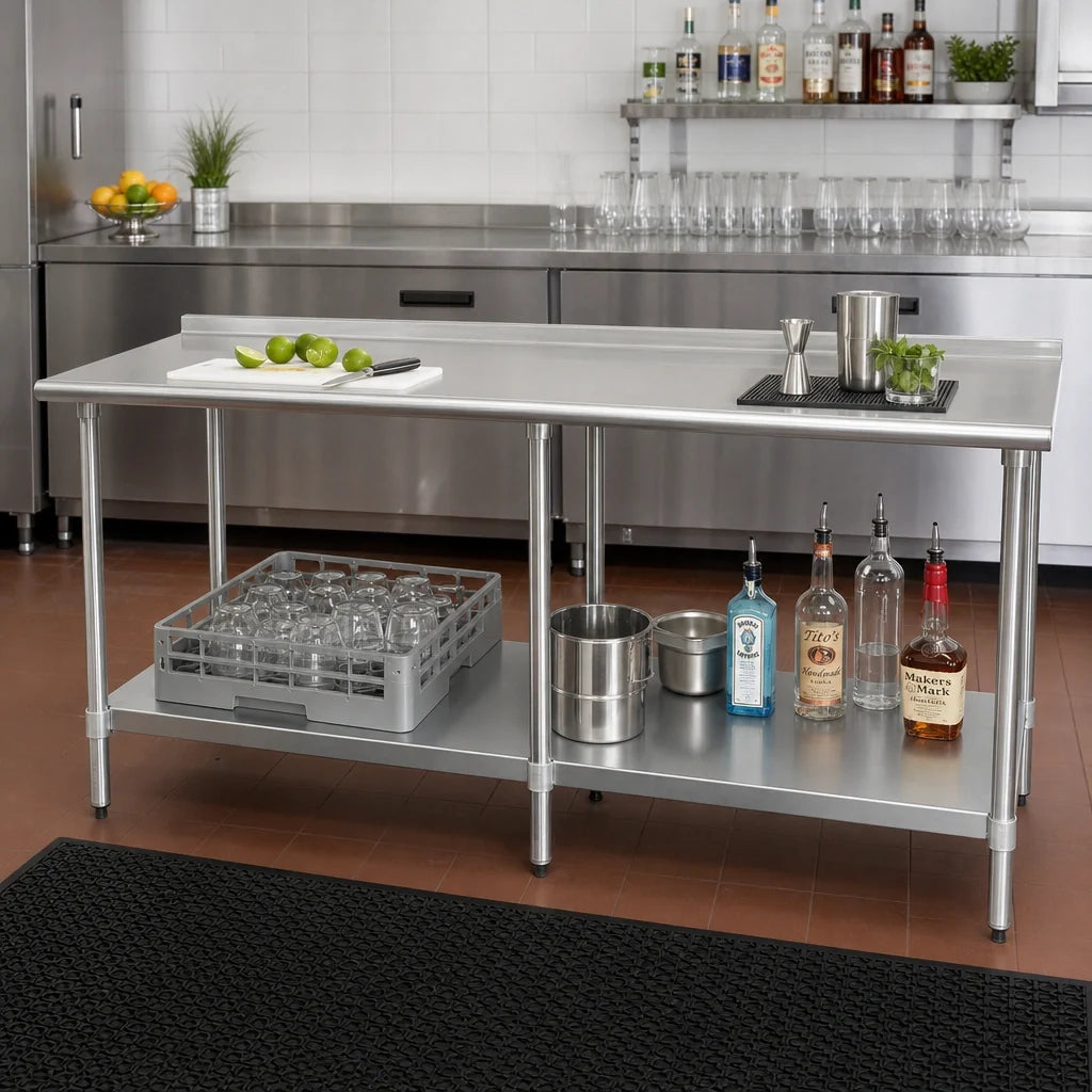 Eagle Group Budget Series UT30108B 108 x 30 Inch 430 Stainless Steel Underbar Work Table with Rear Up-Turn and Adjustable Undershelf