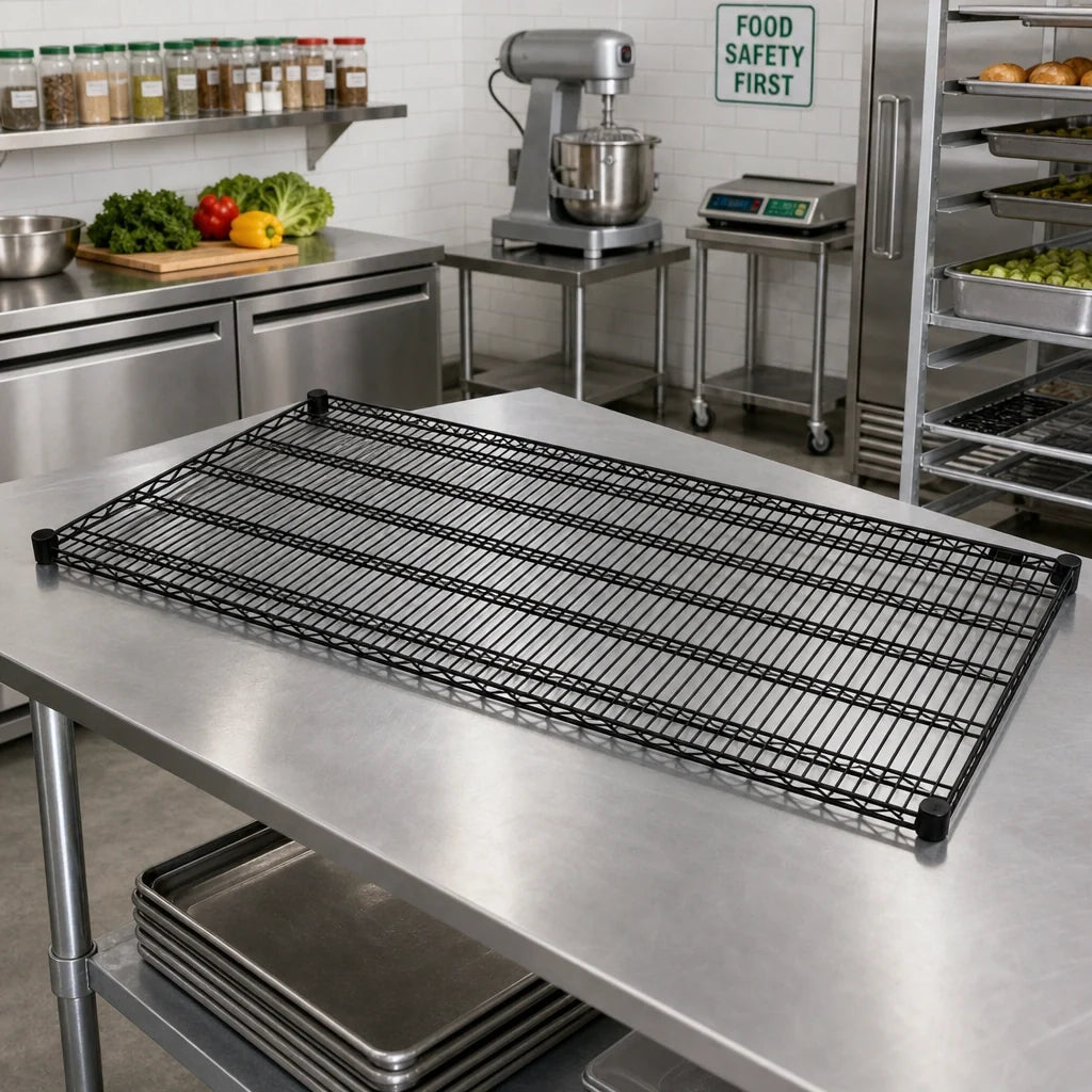 Quantum 3660BK 60"W x 36"D Black Epoxy Antimicrobial Wire Shelf, 600-800 lb. Capacity