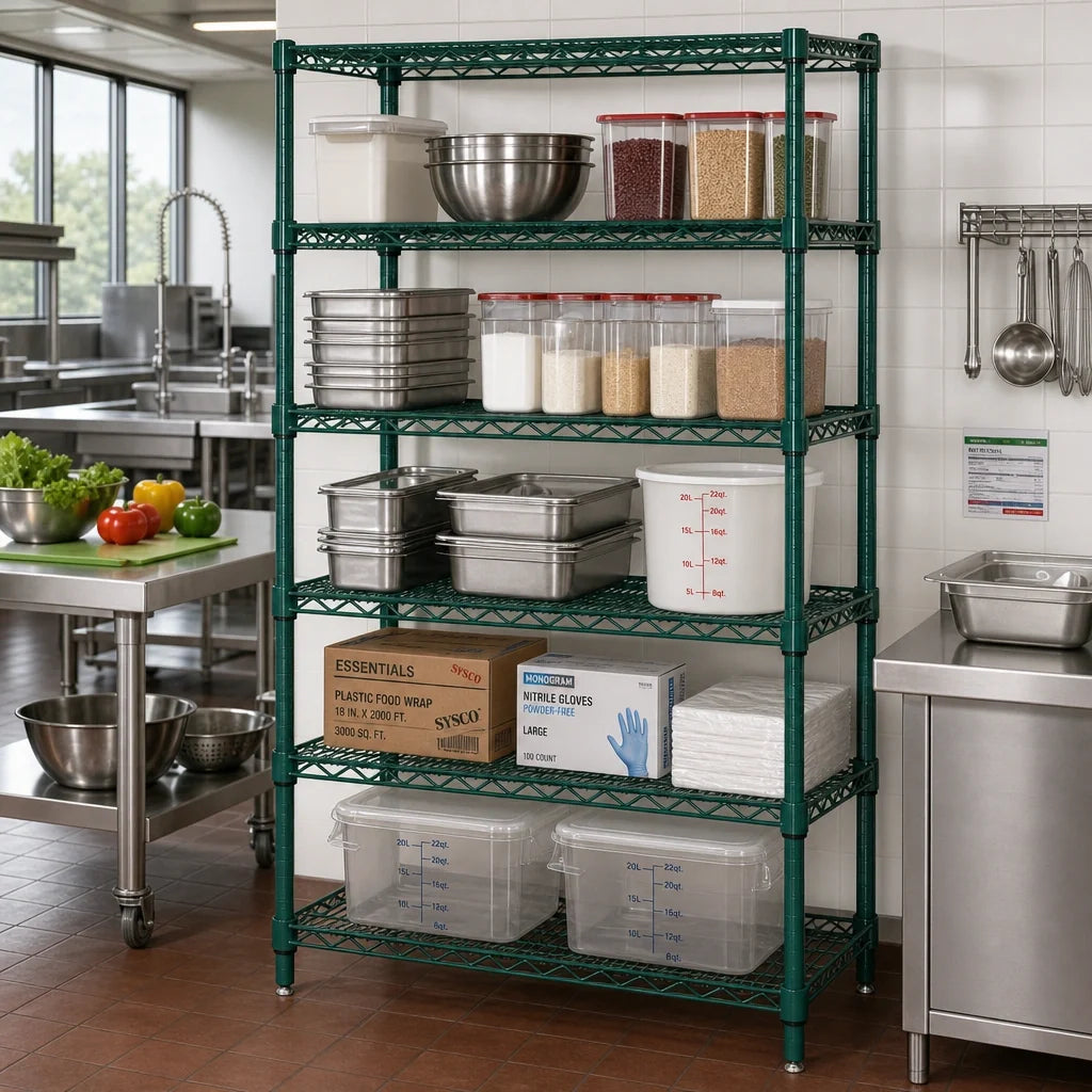 Quantum WR54-3072P-5 5-Shelf Stationary Wire Shelving Starter Unit, 72"W x 30"D x 54"H, Green Epoxy Finish