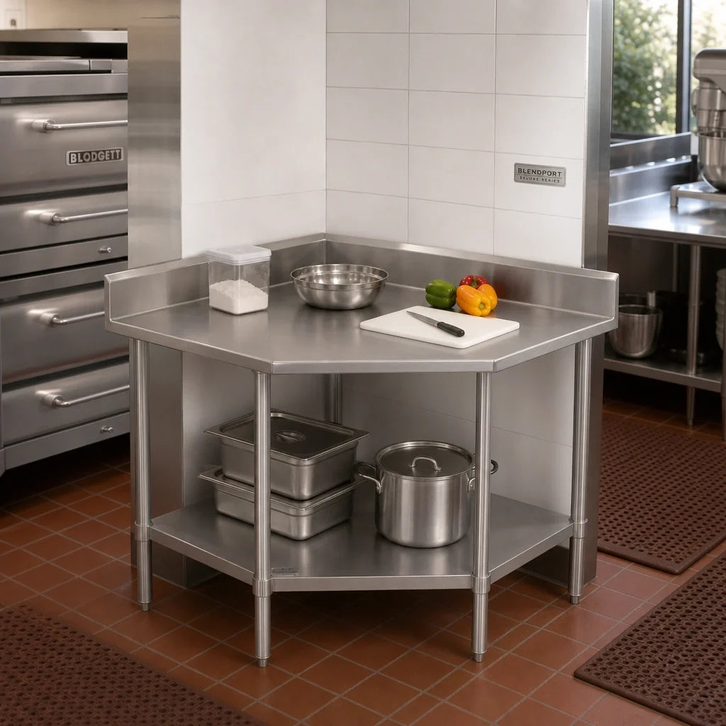 Eagle Group BlendPort® BPT-3030SEB 30" x 30" Stainless Steel Corner Work Table, 16-Gauge 300 Series Top, Open Base with Undershelf