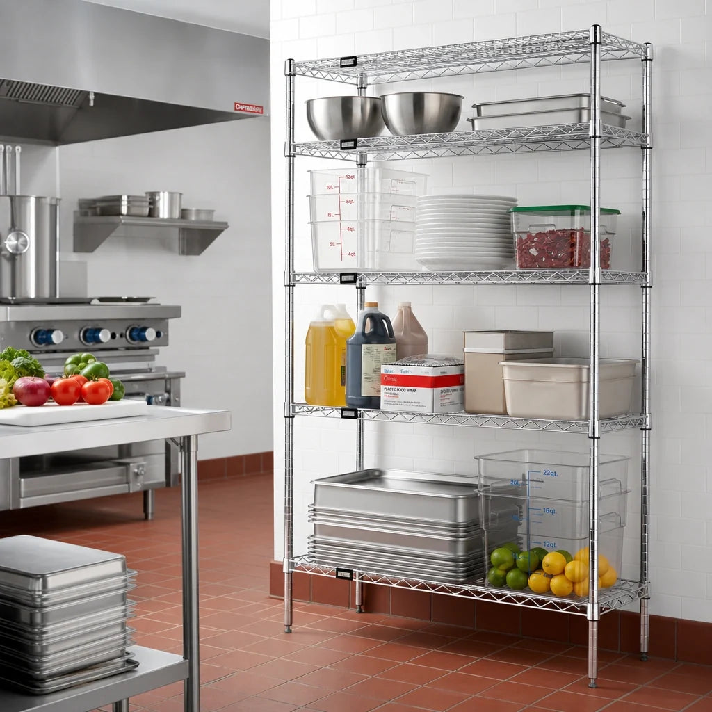 Quantum WR86-2148C-5 Stationary Chrome Wire Shelving Starter Kit, 48"W x 21"D x 86"H, 5 Shelves, 4 Posts