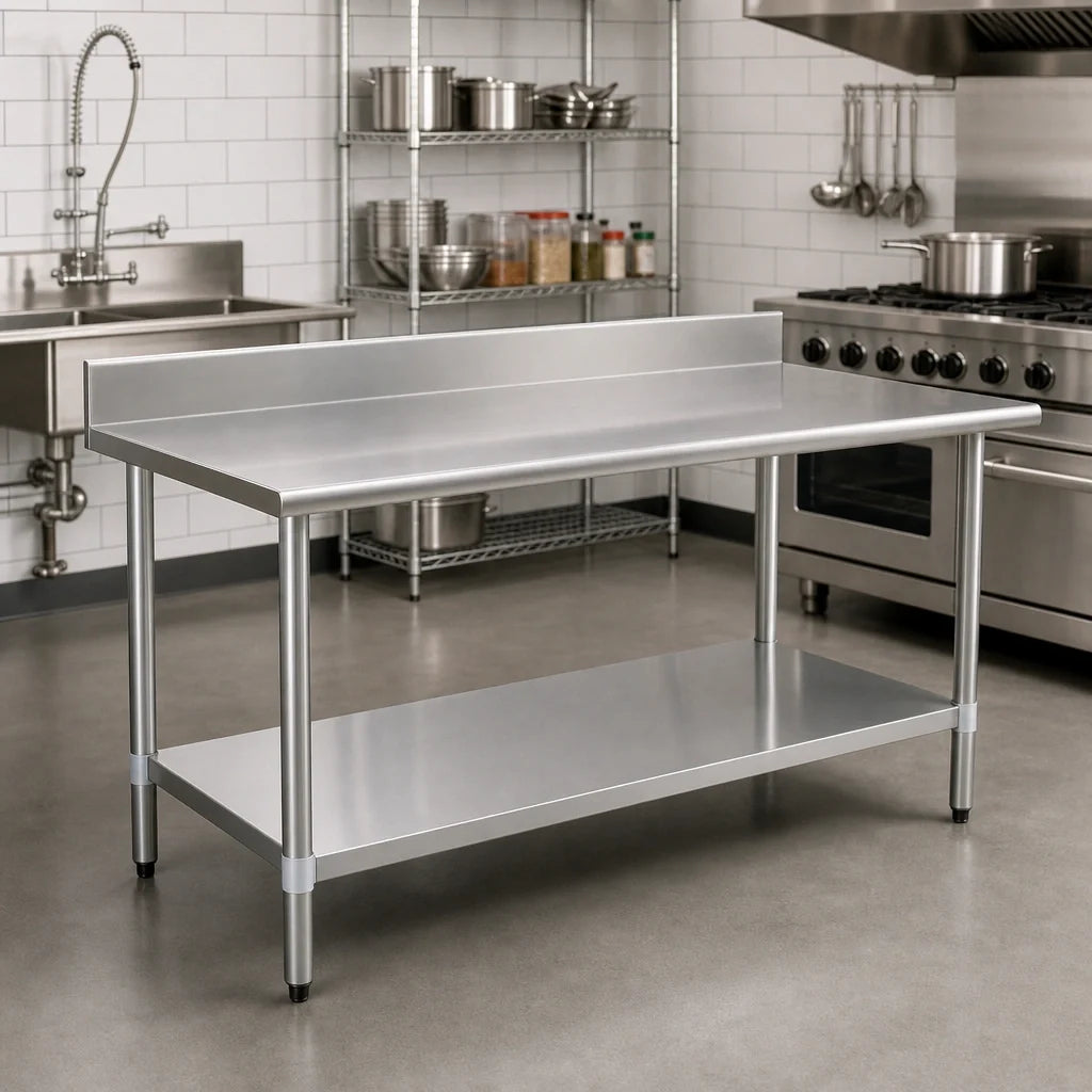 Eagle Group Budget Series T3084SB-BS 84" x 30" Stainless Steel Work Table with 4-1/2" Backsplash, Adjustable Undershelf and Rolled Edge