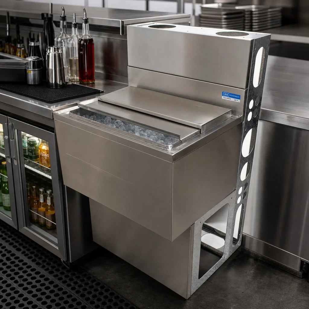 BK Resources UBDW-18-IBCP24-8 Underbar Ice Bin with 8-Circuit Cold Plate, 66 lb Capacity, Stainless Steel, 4-Inch Backsplash