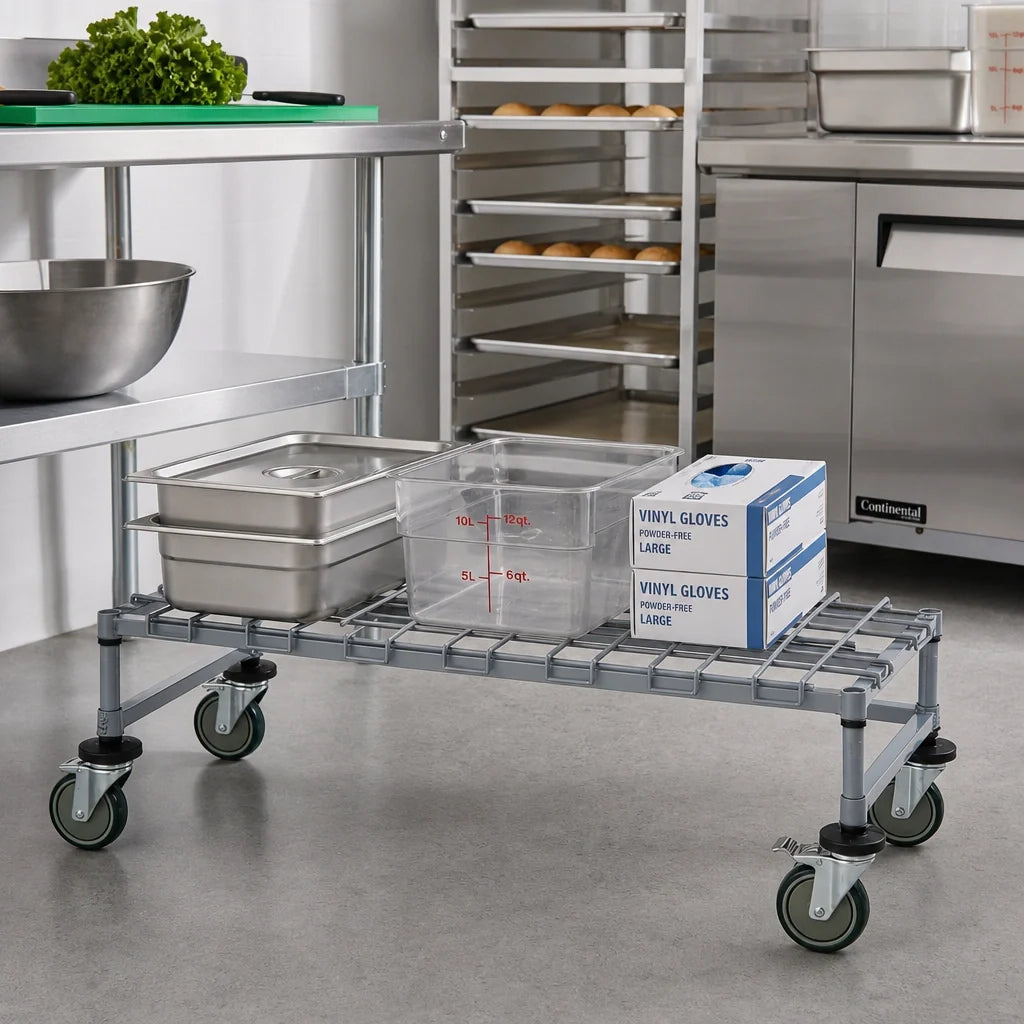 Quantum M18426DGY Mobile Wire Dunnage Platform Rack, 42"W x 18"D x 12"H, Gray Epoxy Antimicrobial Finish