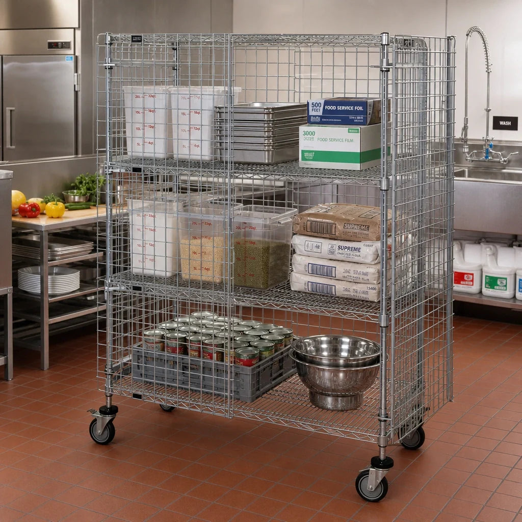 Quantum M2448-69SEC-2 Mobile Wire Security Cage, 2 Intermediate Shelves, 48W x 24D x 69H, Chrome Plated