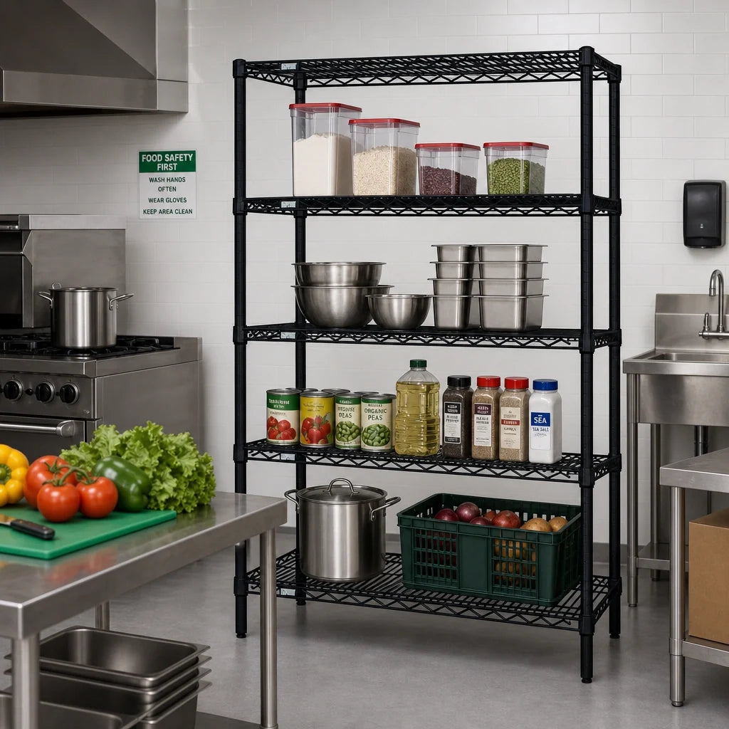 Quantum WR63-1872BK Wire Shelving Starter Kit, 72W x 18D x 63H, 4-Shelf Stationary, Black Epoxy Finish
