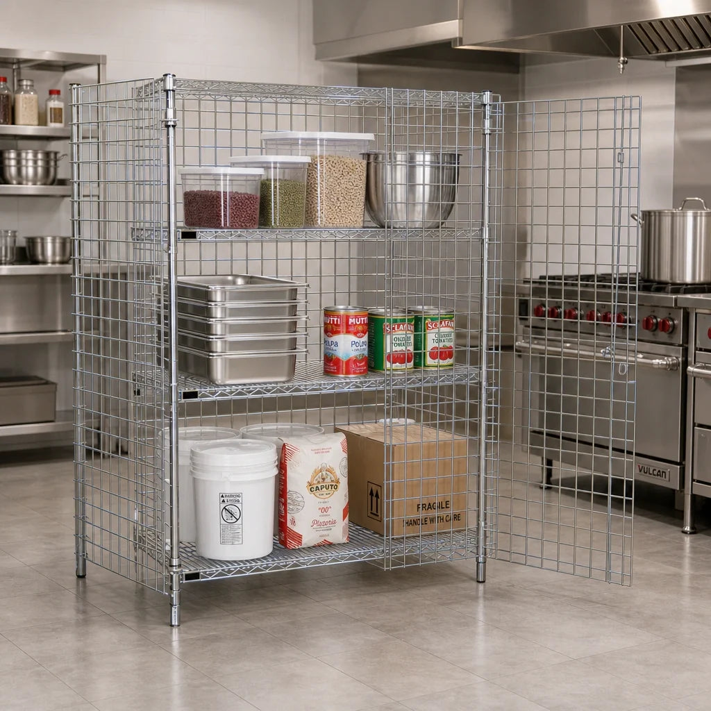 Quantum 2448-63SEC-2 Stationary Chrome Wire Security Cage, 48"W x 24"D x 63"H, 2 Intermediate Shelves, Locking Panel Doors