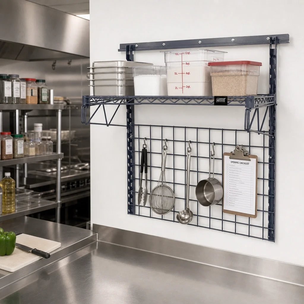Quantum SGK-401836-1GY Wall-Mounted Medium-Duty Starter Shelving Kit with Grid Panel, Gray Epoxy Antimicrobial Finish
