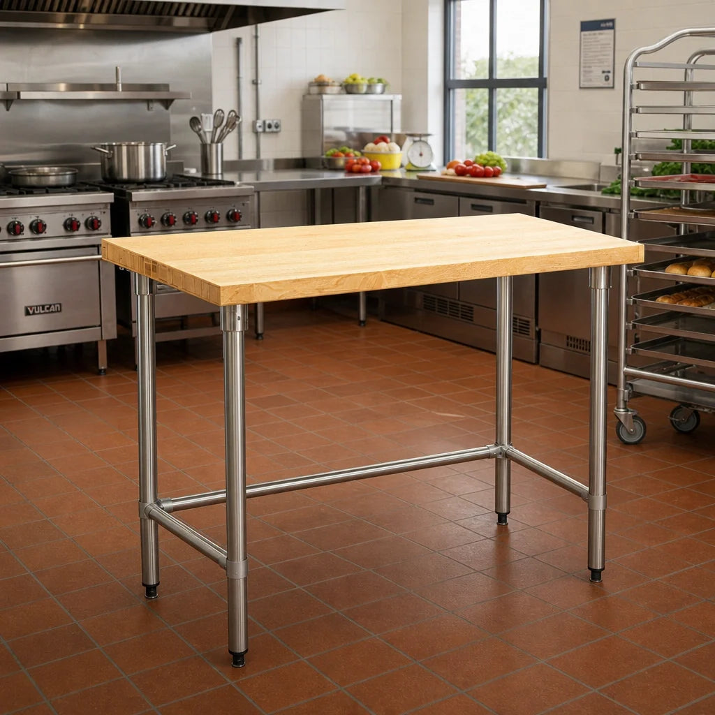 Eagle Group MT3048ST 48" x 30" Hardwood Top Work Table, 1-3/4" Thick, Stainless Steel Open Base with Crossrails