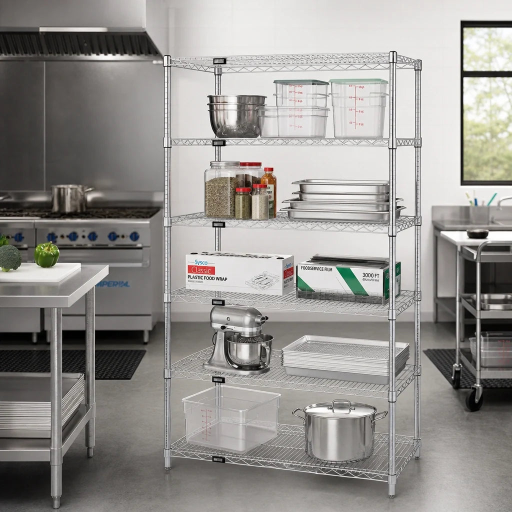 Quantum WR63-3042C-5 Chrome-Plated Stationary 5-Shelf Wire Shelving Starter Kit, 42W x 30D x 63H