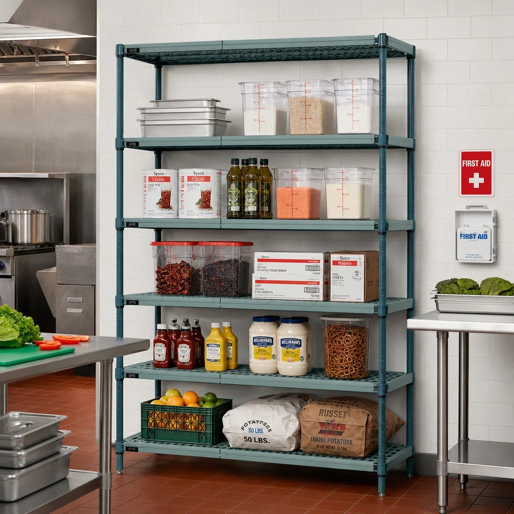 Quantum WR74-1872WPM-5 Stationary 5-Tier Wire Plastic Mat Shelving Unit, 72W x 18D x 74H, Green Epoxy