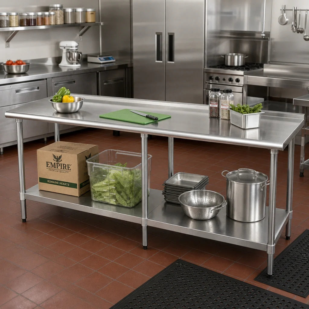 Eagle Group Deluxe UT24120EB 120" x 24" Stainless Steel Work Table, 16-Gauge 300 Series Top, Rear Upturn, Adjustable Galvanized Undershelf