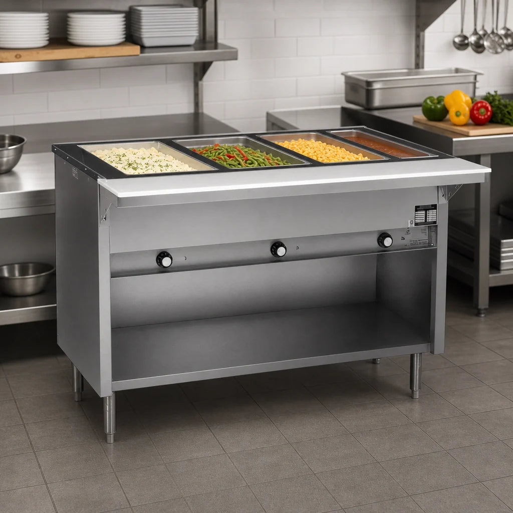 Eagle Group Spec-Master HT4CB-208-3 4-Well Electric Hot Food Table with Stainless Steel Enclosed Base and Cutting Board