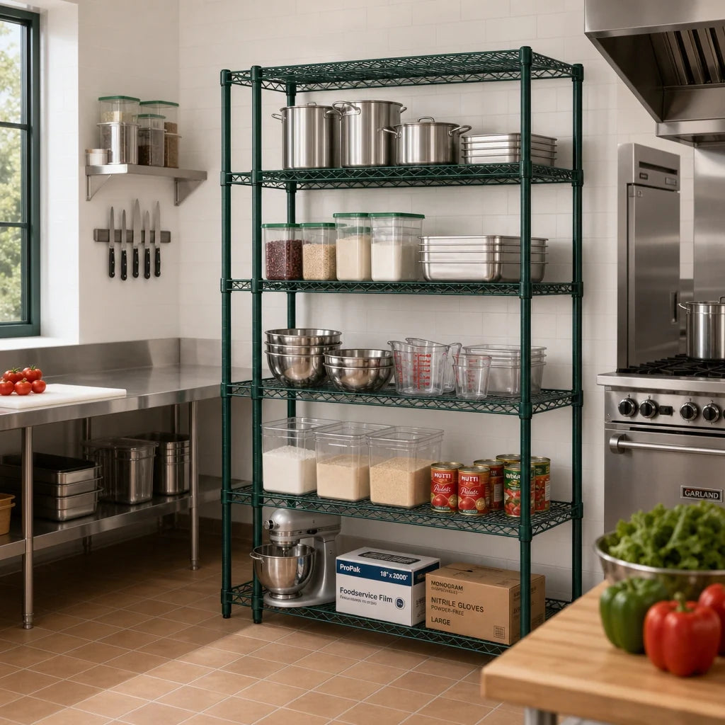 Quantum WR86-2442P-5 Stationary Wire Shelving Starter Unit, 5 Shelves, Green Epoxy, 42"W x 24"D x 86"H