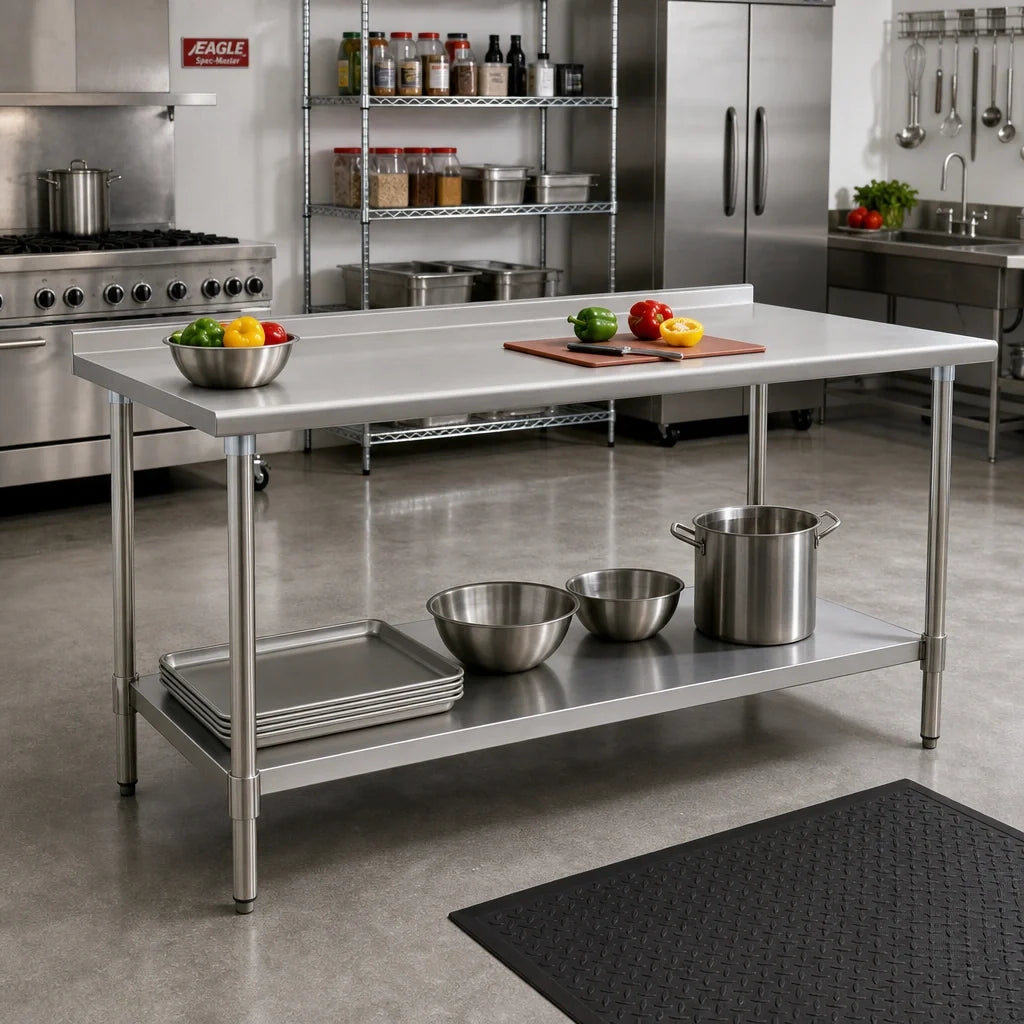 Eagle Group Spec-Master UT3684E 84-Inch x 36-Inch Stainless Steel Work Table, 14-Gauge 300-Series Top, Rear Up-Turn, Adjustable Undershelf