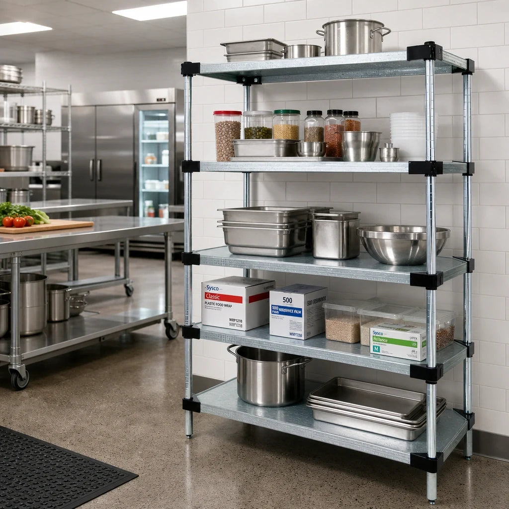 Quantum WR63-2154SG-5 Solid Shelving Starter Kit, 54"W x 21"D x 63"H, 5 Shelves, Galvanized Steel, Chrome Posts